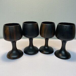 Vintage Set of 4 Dark Wooden Stemmed Wine Goblets Hand turned Mid-Century Modern